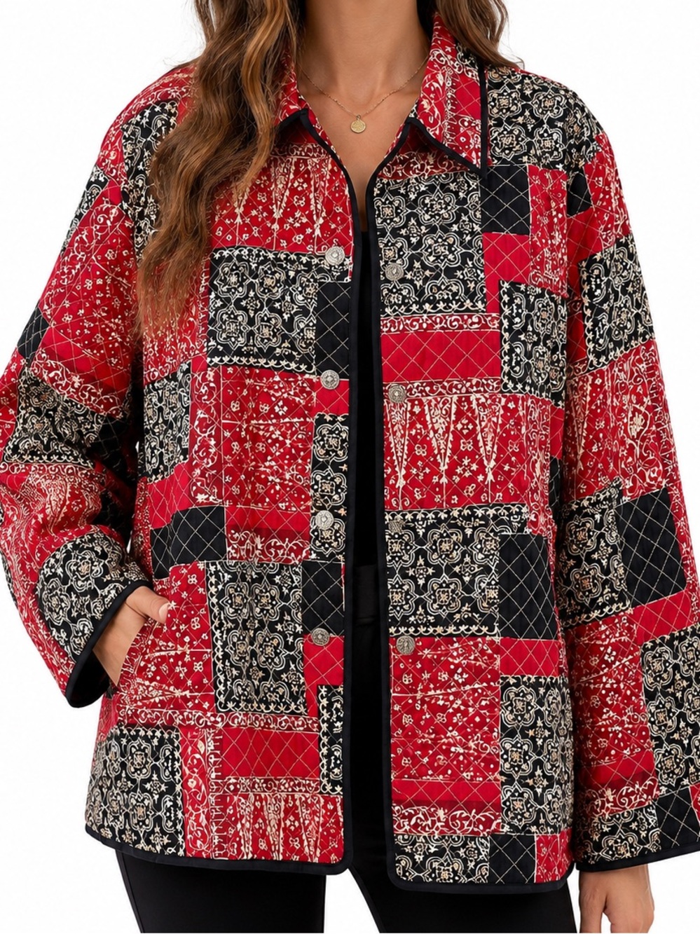 Alfred Dunner Sz 18W Red Black Quilted Artsy Jacket Coat Shirt Top Christmas